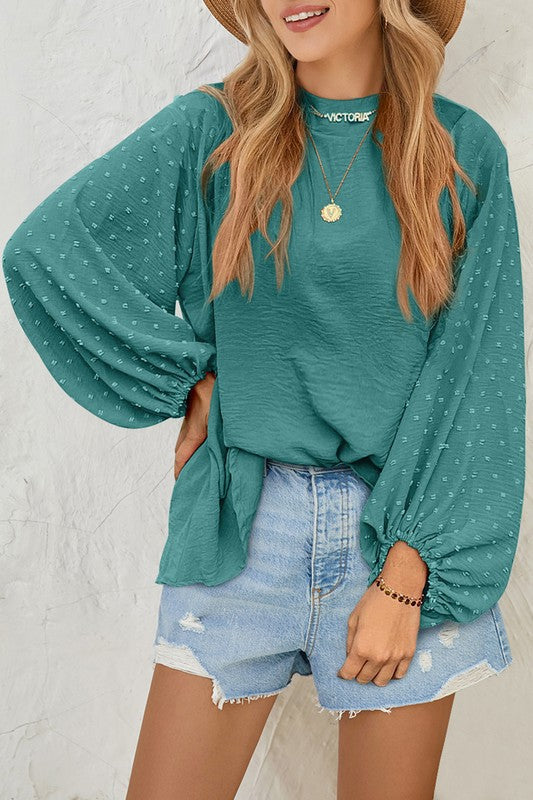 Odessa - Blusa suelta de manga larga de lunares suizos Chic
