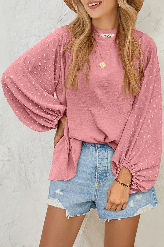 Odessa - Blusa suelta de manga larga de lunares suizos Chic