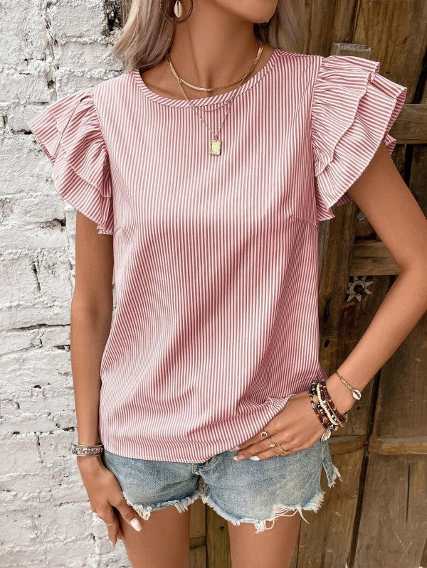 Roselyn - Elegante blusa con cuello redondo a rayas y manga con volantes