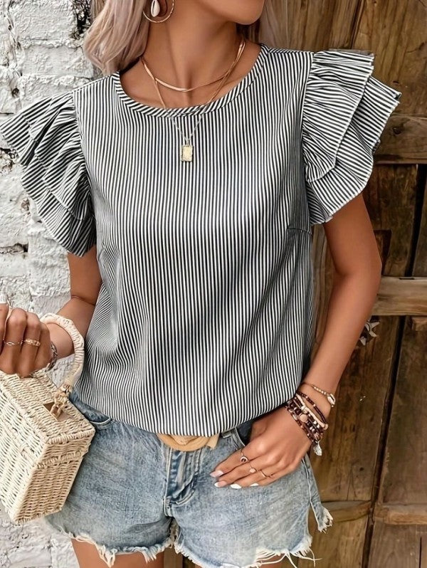 Roselyn - Elegante blusa con cuello redondo a rayas y manga con volantes