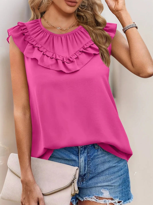 Maddison - Blusa casual sin mangas y cuello redondo con volante