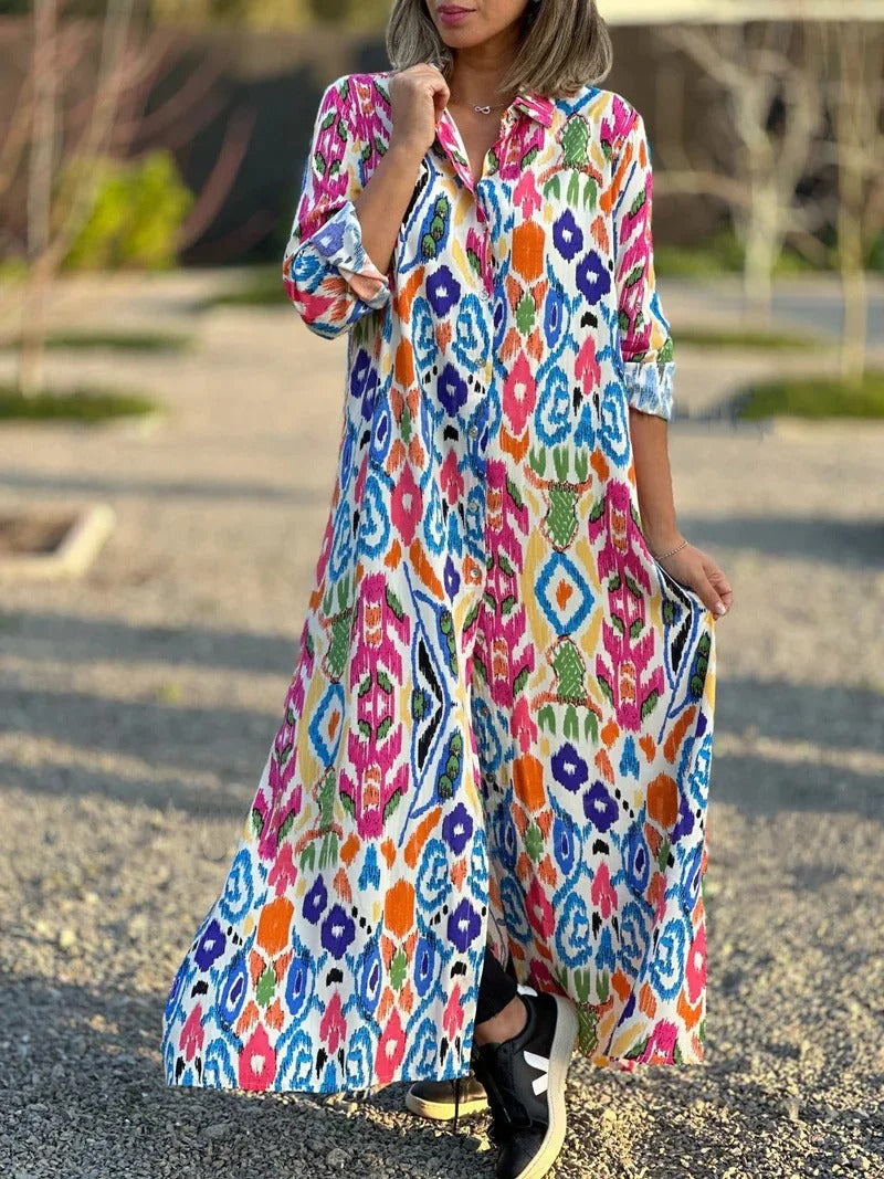 Jamella - Elegante maxivestido de manga larga con estampado étnico