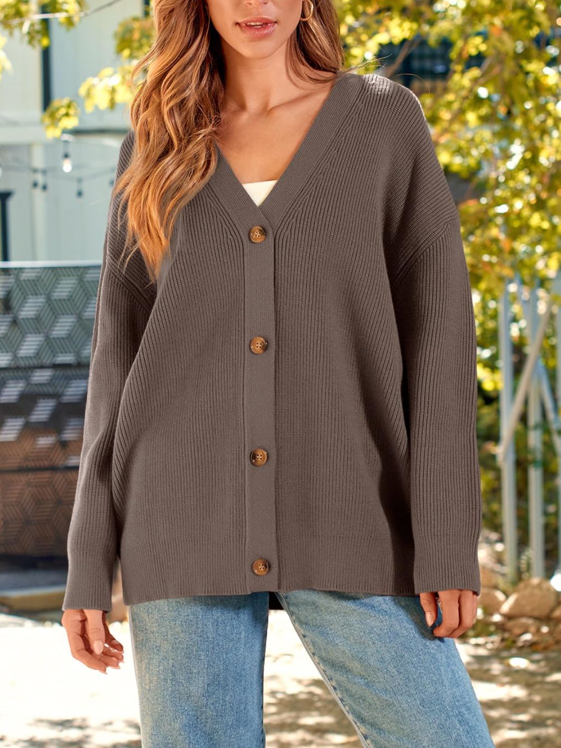 Brianna - Chaqueta de punto de canalé con botones y manga larga