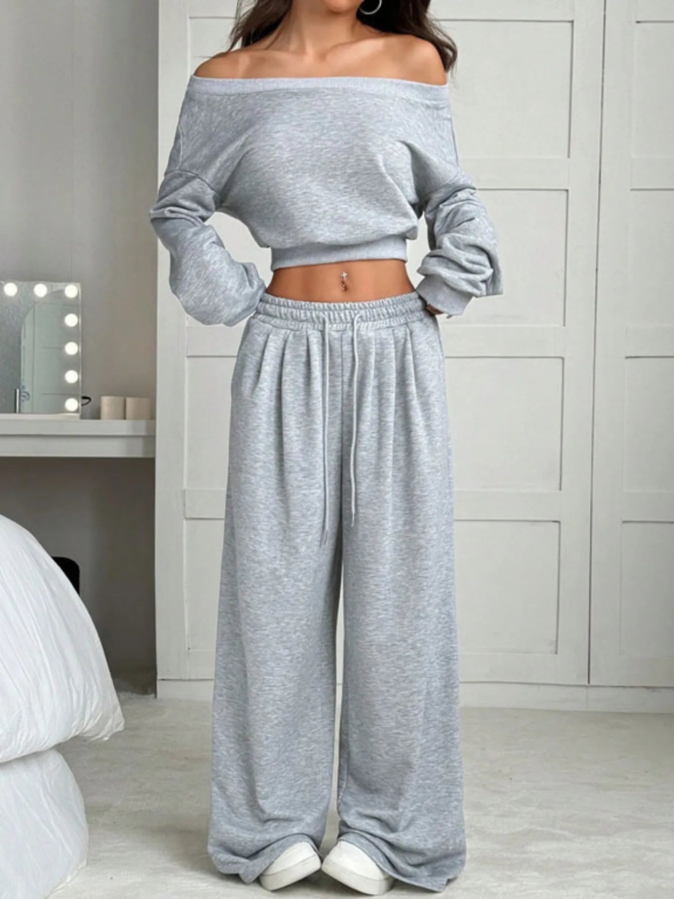 Dina - Conjunto informal holgado de top corto con manga larga y pantalones