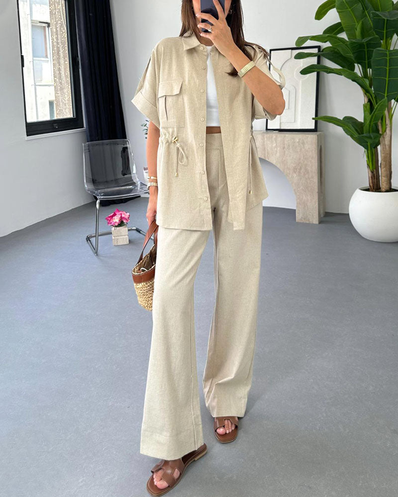 Marietta - Conjunto de blusa polo con botones sueltos y pantalón de pierna ancha