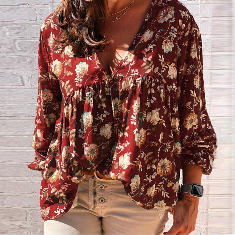 Dariana - Elegante blusa de manga larga y cuello en V con estampado floral