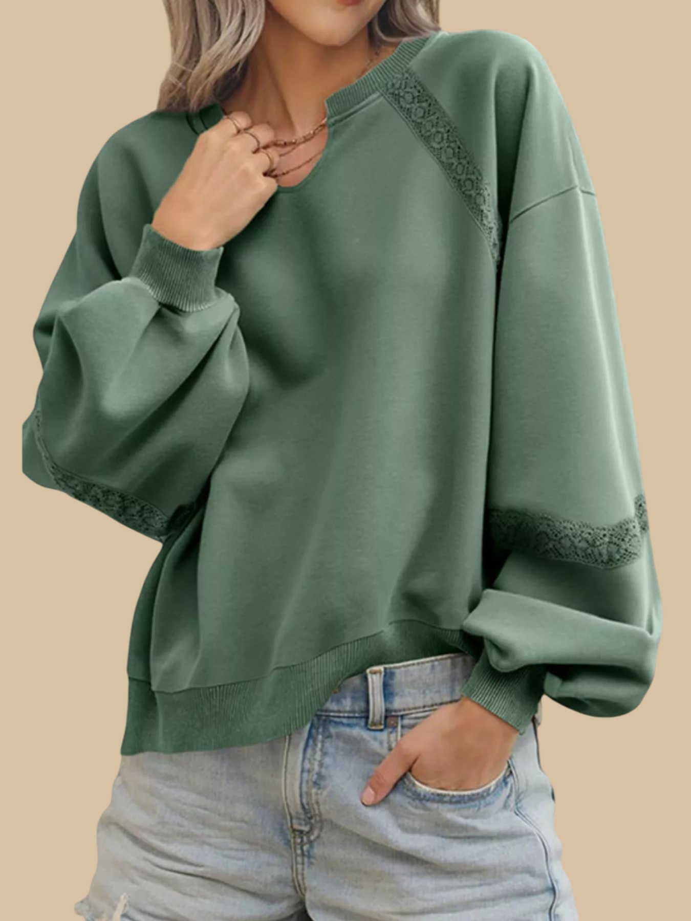 Dainora - Sudadera elegante y holgada de manga larga con detalles de encaje