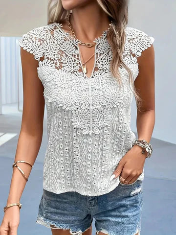Katie - Top elegante de encaje con cuello en V y manga corta