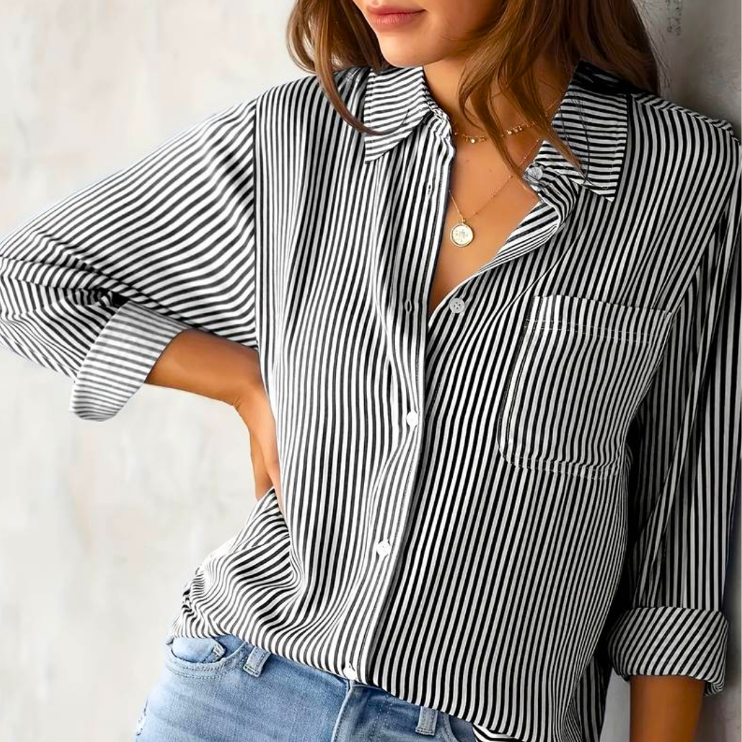 Nyanna - Elegante blusa polo abotonada a rayas