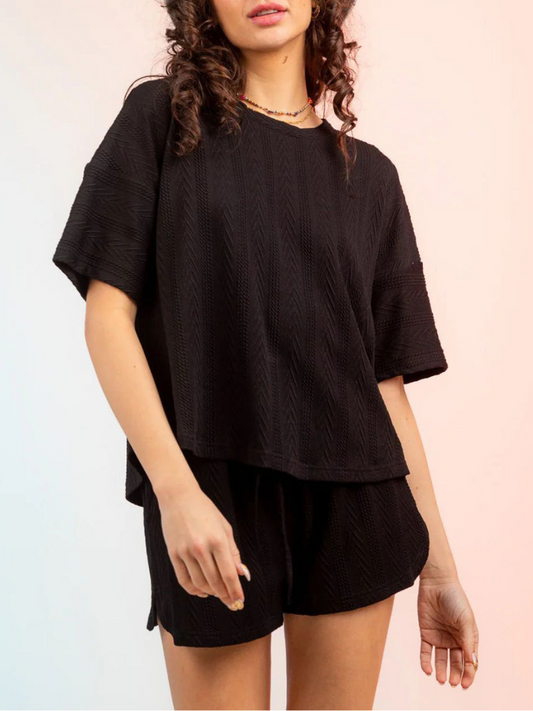 Kristy - Conjunto informal de top de cuello redondo con textura y pantalón corto