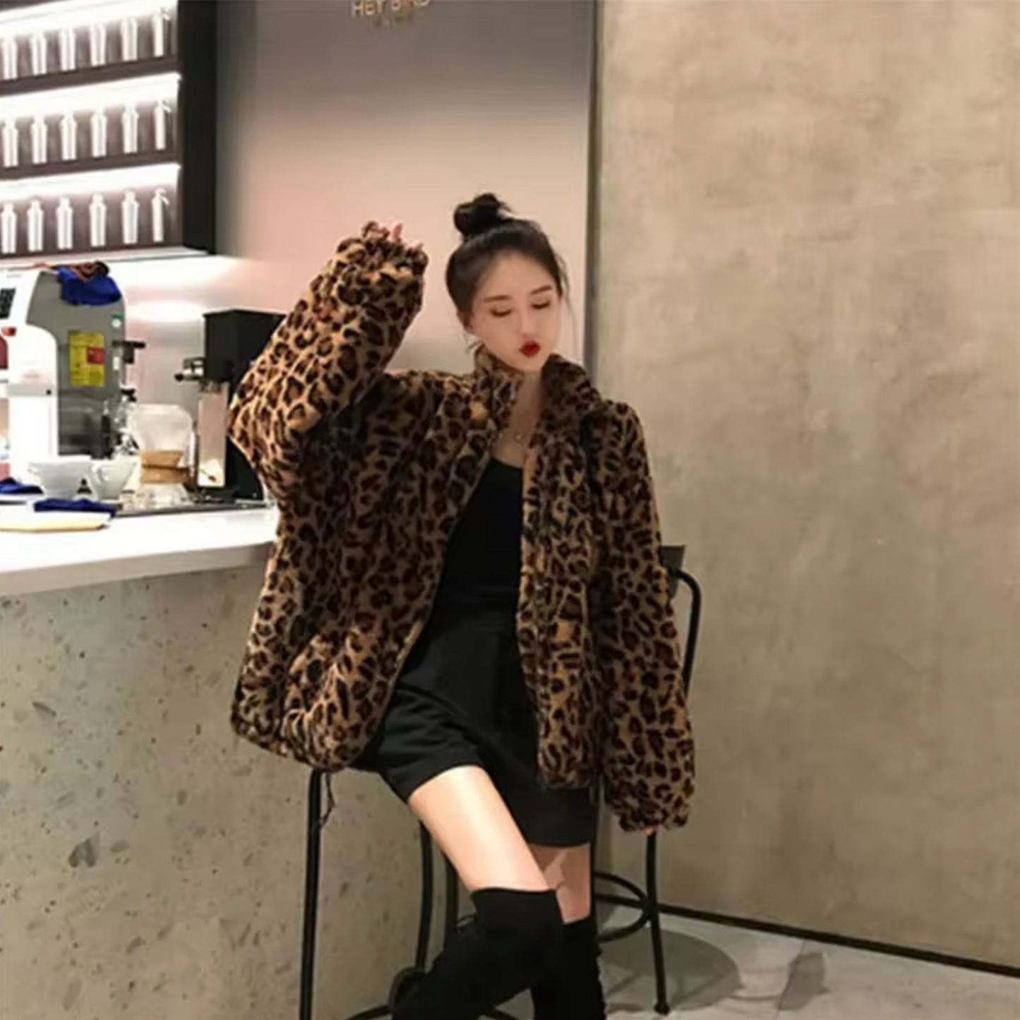 Breigh – Chaqueta de pelo con estampado de leopardo y cierre de cremallera