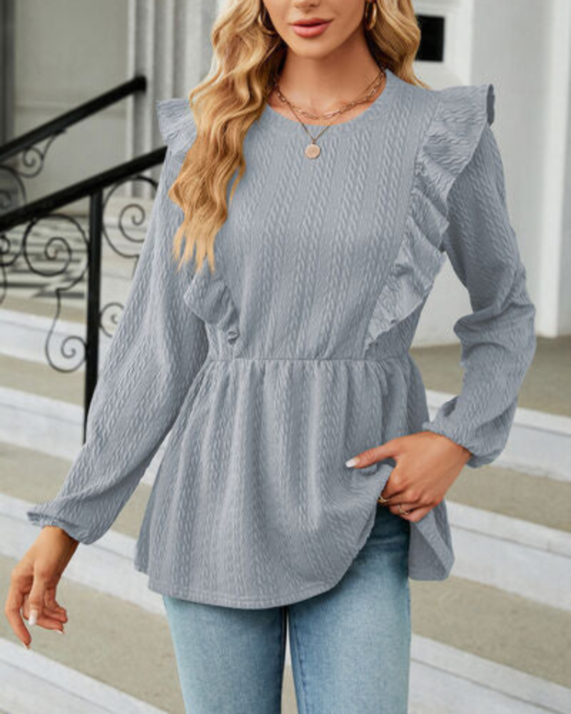 Leilani - Elegante blusa de manga larga y cuello redondo con volantes