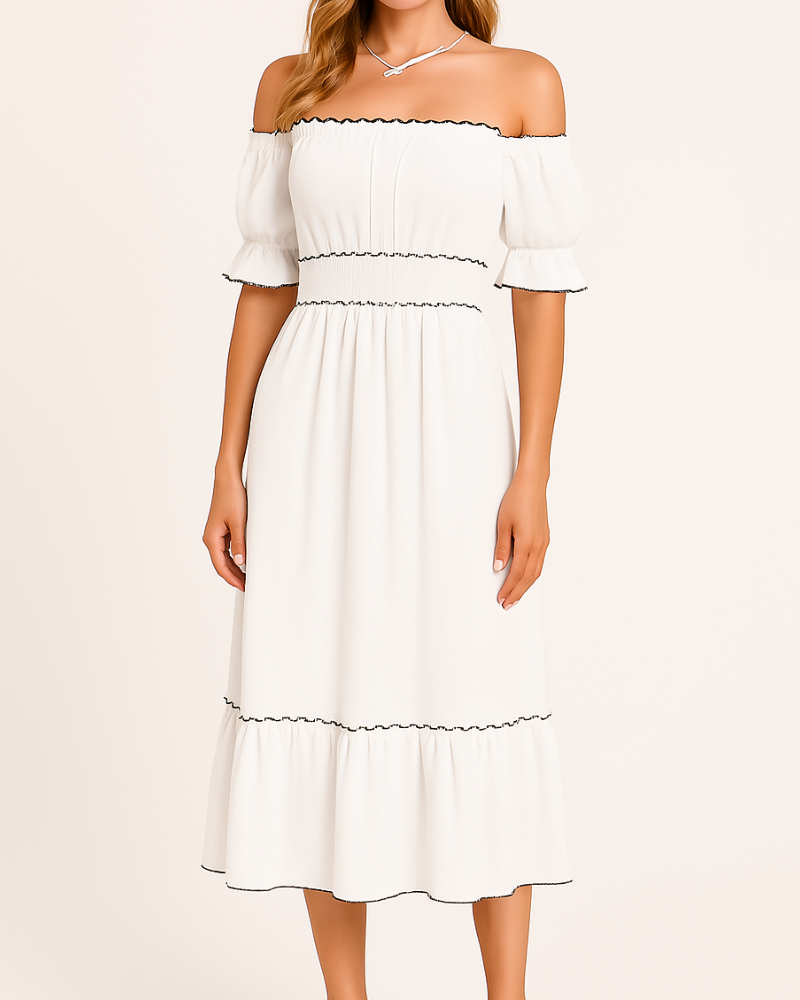 Nina - Elegante vestido midi sin hombros
