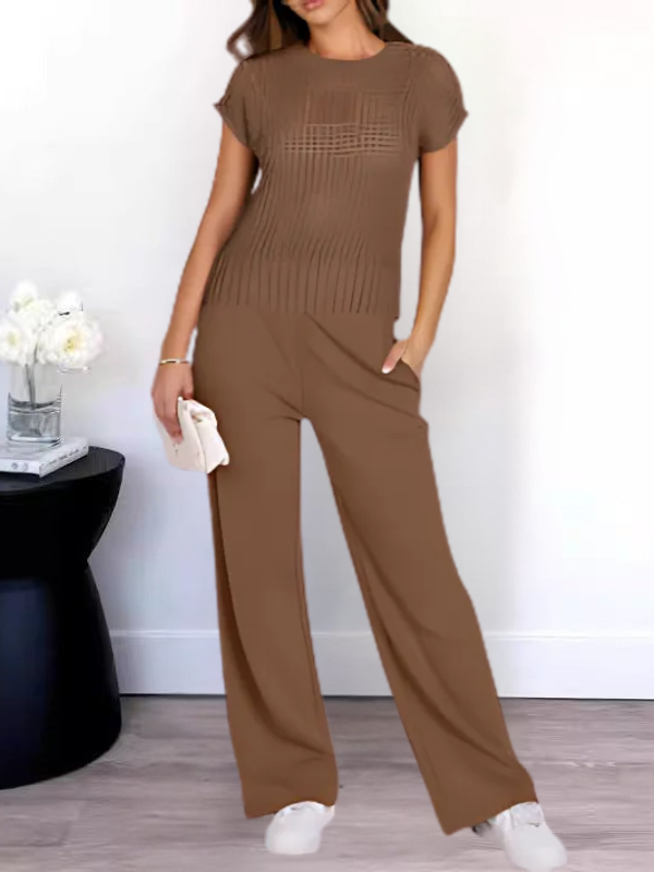 Delphine - Top de punto abierto de estilo casual y pantalón de pata ancha