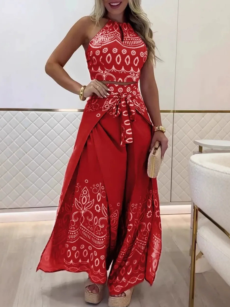 Darlynn  - Conjunto elegante de top corto sin espalda con estampado y pantalones anchos