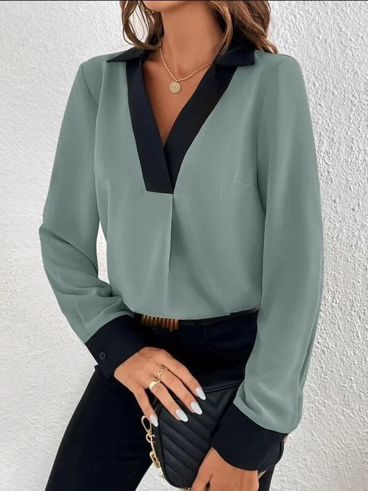 Eunike - Elegante blusa de manga larga con cuello en V profundo