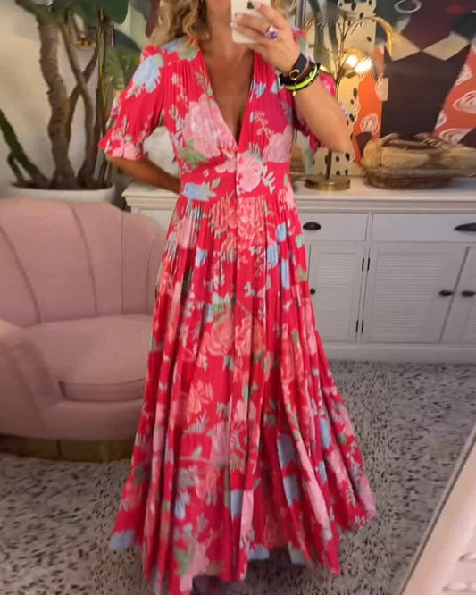 Vannessa - Elegante vestido largo floral con cuello en V profundo