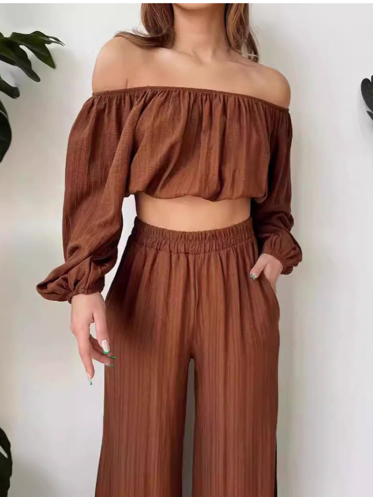 Elsa - Elegante conjunto de crop top sin hombros y pantalón de cintura alta y pernera ancha