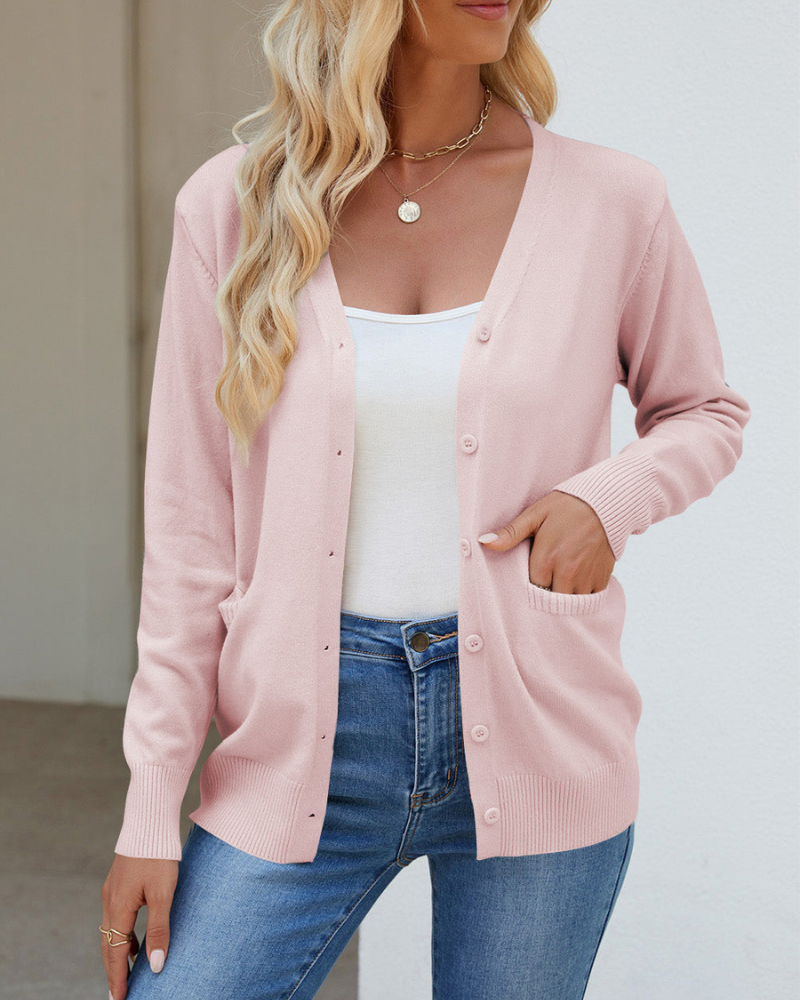 Bessie - Chaqueta de manga larga abotonada con cuello de pico y bolsillos