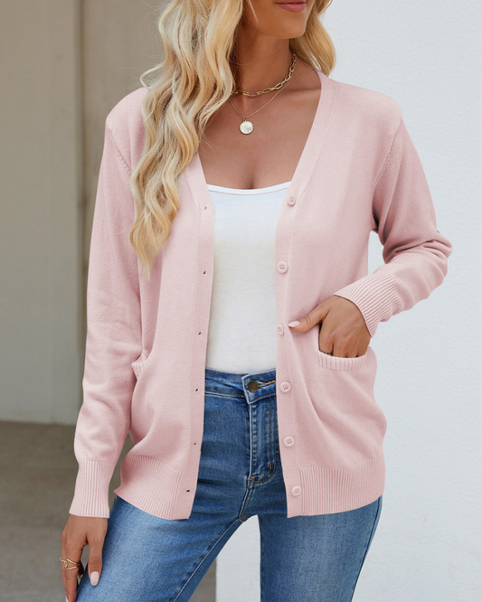 Bessie - Chaqueta de manga larga abotonada con cuello de pico y bolsillos