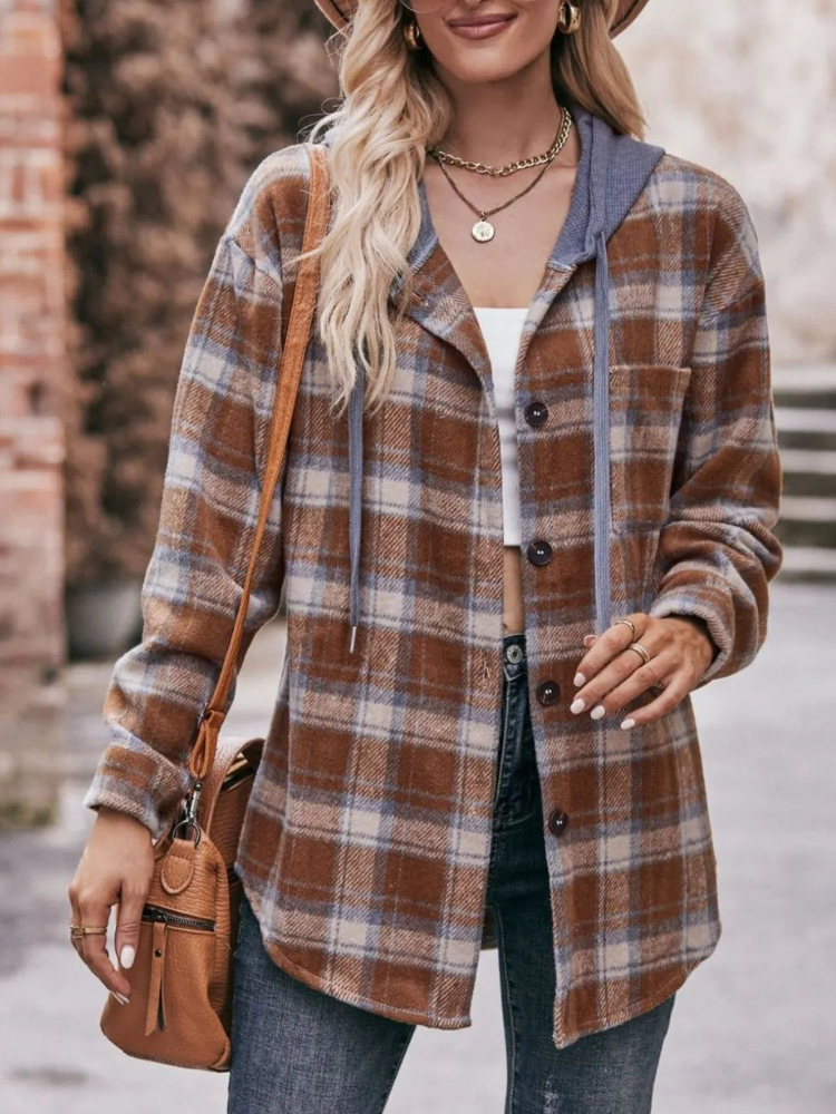 Lyraelle - Chaqueta holgada a cuadros con capucha y botones