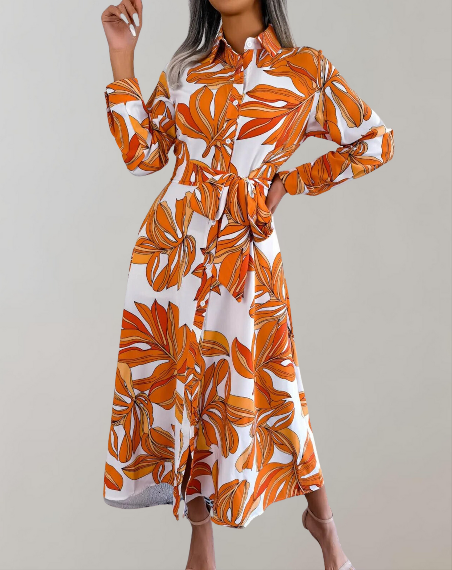 Rhosyn - Elegante vestido abotonado de manga larga con cinturón