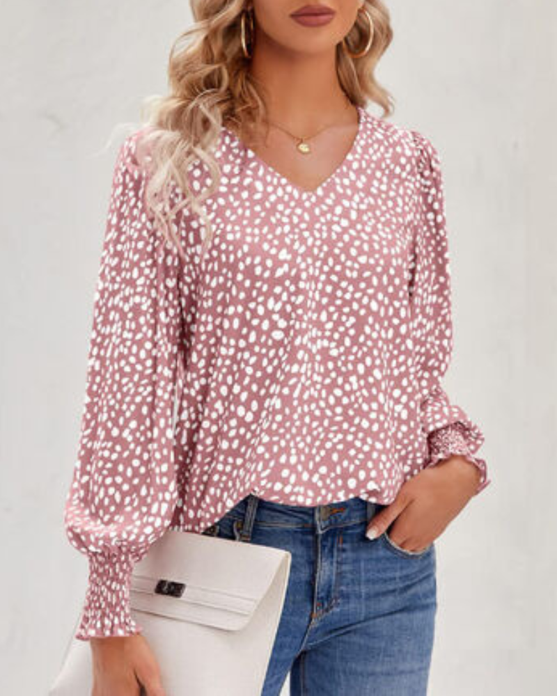 Maureen - Elegante blusa estampada con cuello de pico y manga farol