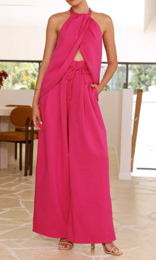 Rose - Elegante conjunto de top sin mangas de cuello halter y pantalón ancho de cintura alta