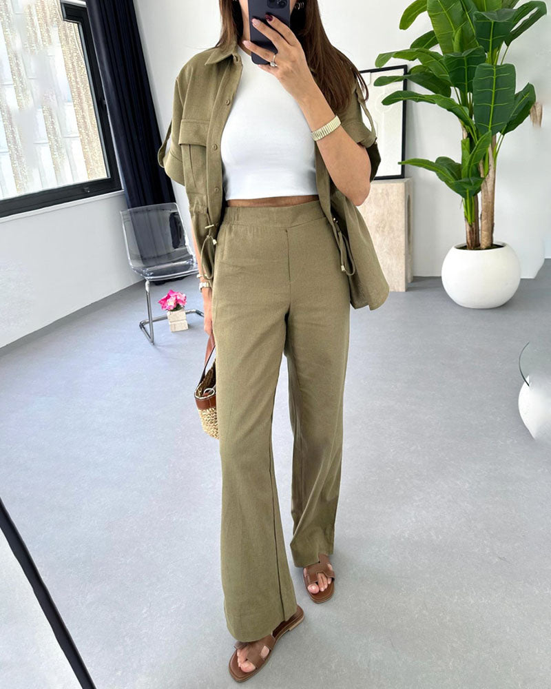 Marietta - Conjunto de blusa polo con botones sueltos y pantalón de pierna ancha