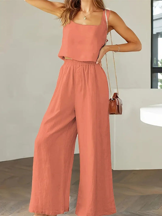 Xandrine - Top sin mangas de estilo casual y pantalón de pierna ancha