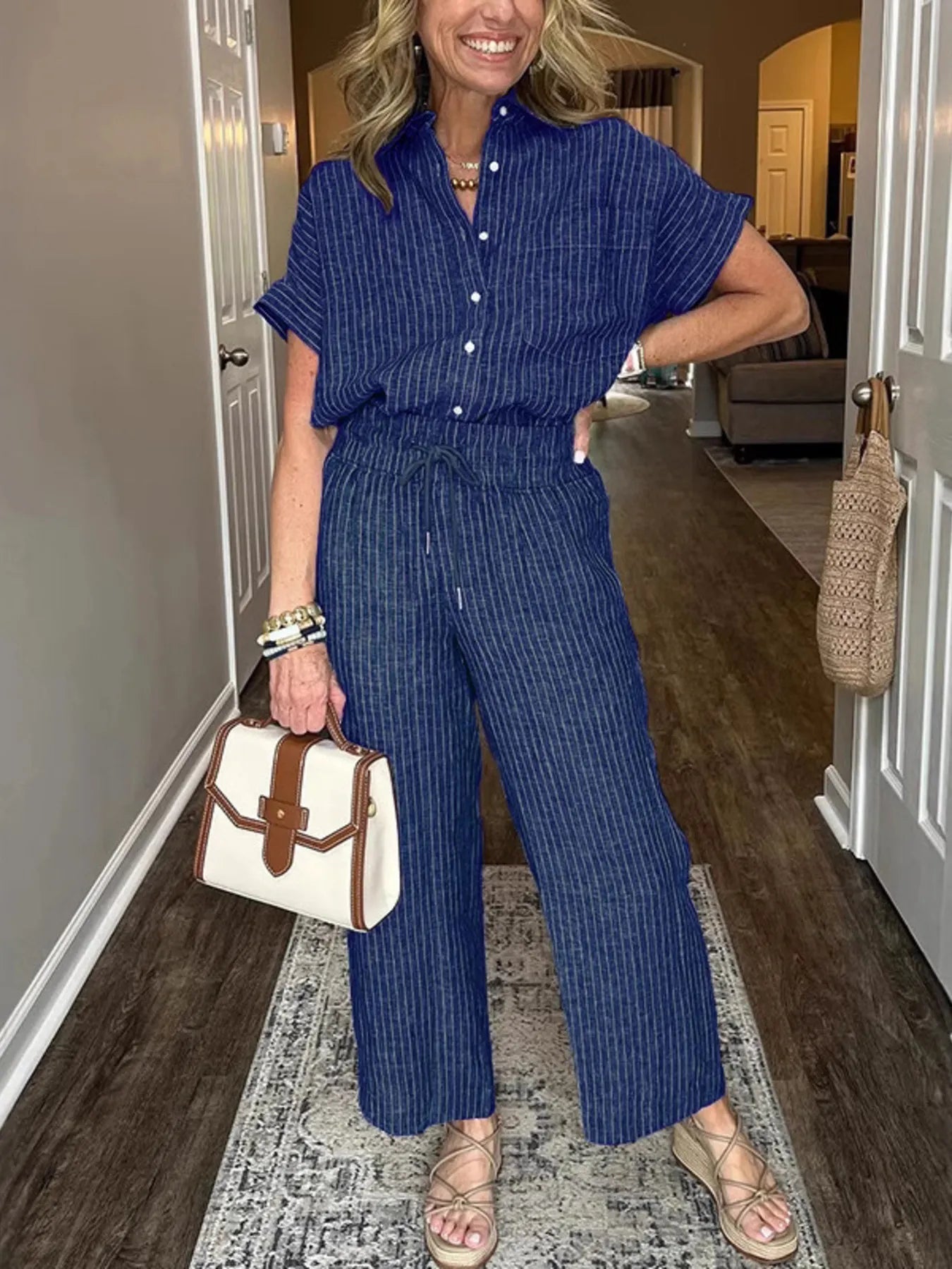 Malou - Conjunto informal de camisa suelta abotonada y pantalón ancho