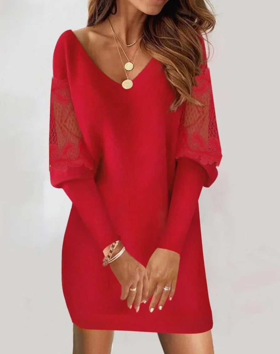 Malory - Elegante mini vestido de manga larga con escote en V y empalme de encaje