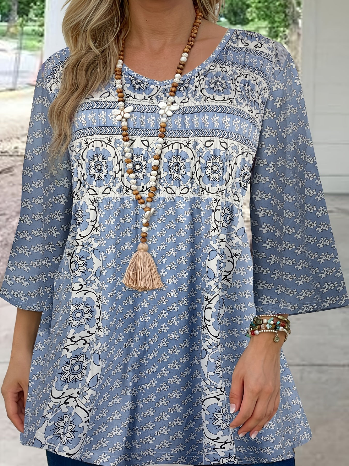 Patrisha - Elegante blusa suelta de media manga con estampado boho