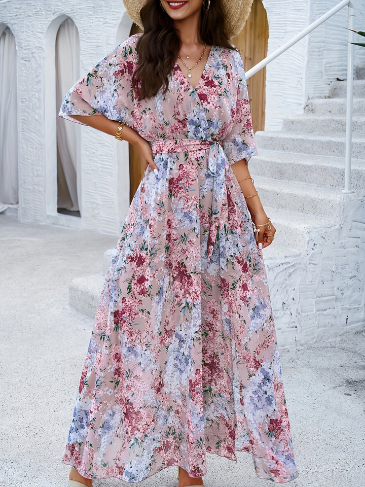 Sabine - Elegante maxivestido floral de media manga