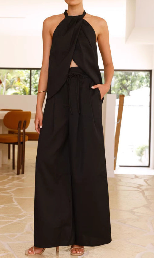 Rose - Elegante conjunto de top sin mangas de cuello halter y pantalón ancho de cintura alta