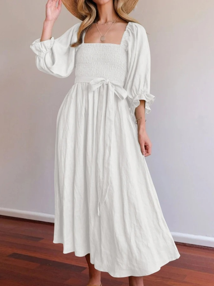 Liza - Elegante vestido de manga farol con volantes y cinturón de cordón