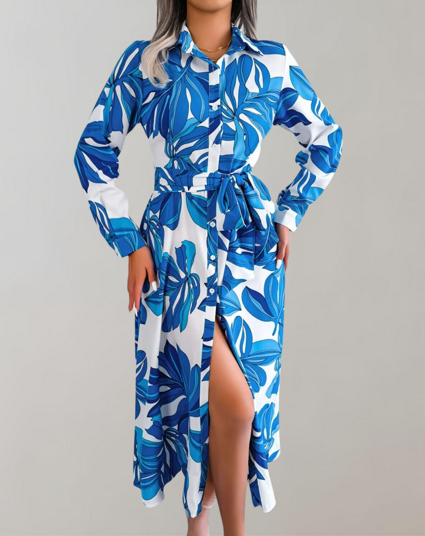 Rhosyn - Elegante vestido abotonado de manga larga con cinturón
