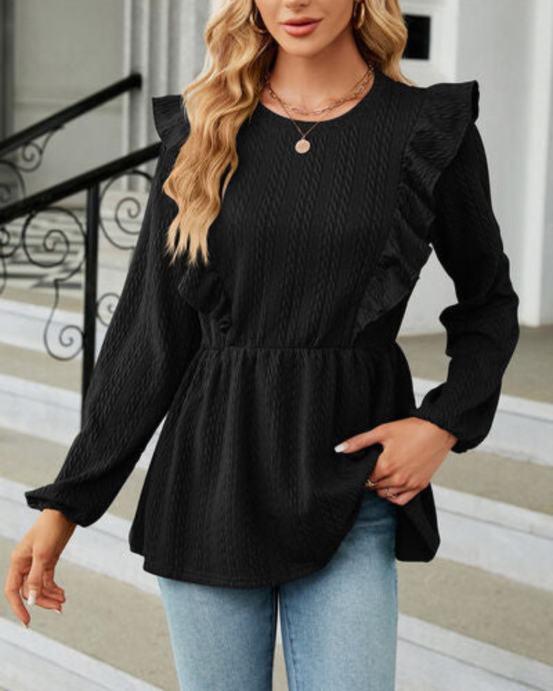 Leilani - Elegante blusa de manga larga y cuello redondo con volantes
