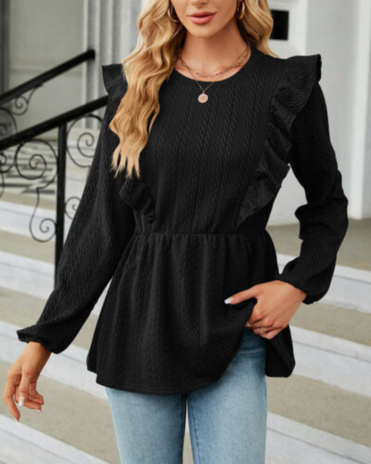 Leilani - Elegante blusa de manga larga y cuello redondo con volantes