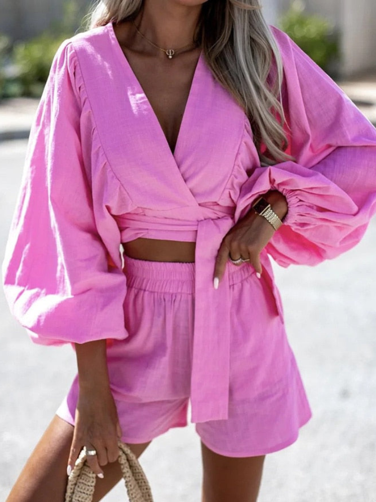 Francine - Cuello en V de manga larga con corbata y pantalones cortos conjunto de verano