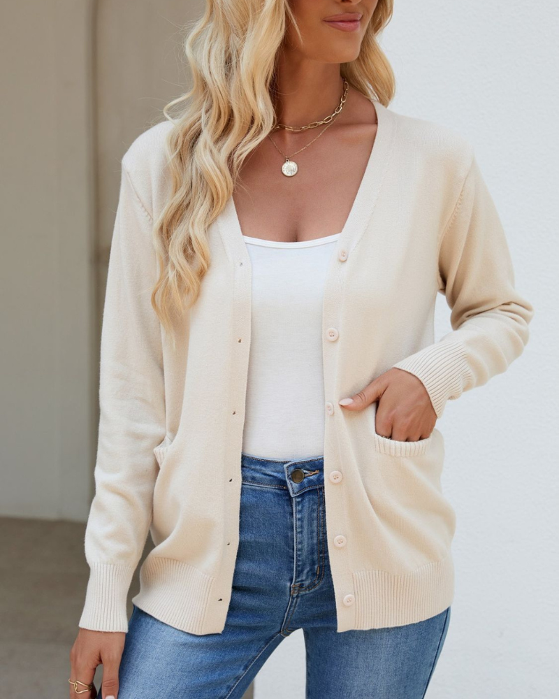 Bessie - Chaqueta de manga larga abotonada con cuello de pico y bolsillos