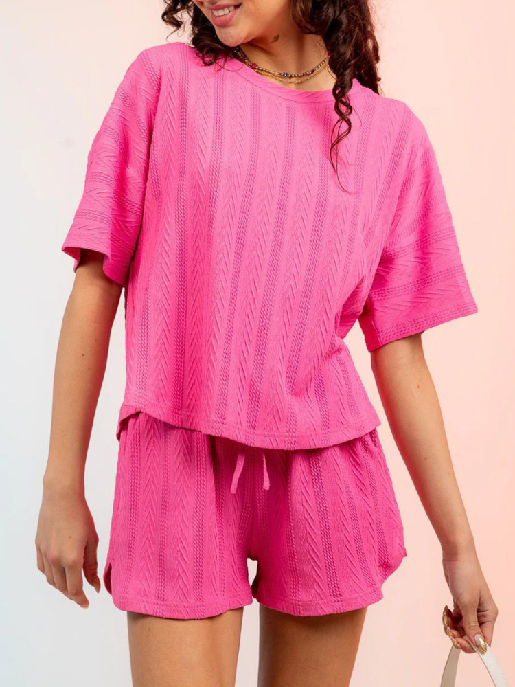 Kristy - Conjunto informal de top de cuello redondo con textura y pantalón corto