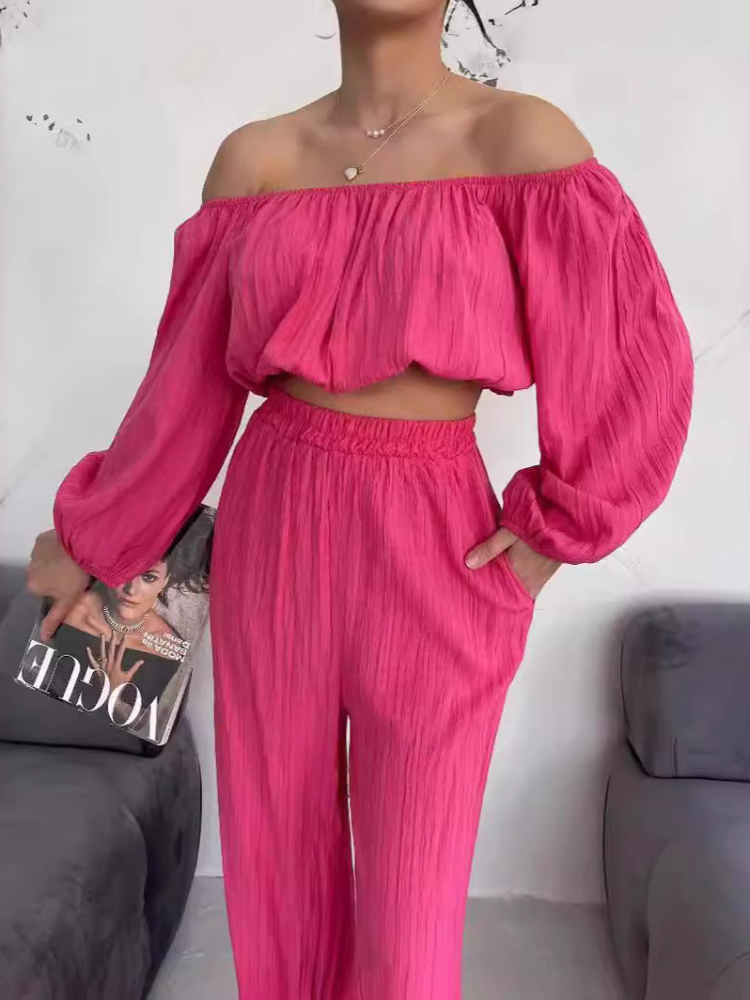 Elsa - Elegante conjunto de crop top sin hombros y pantalón de cintura alta y pernera ancha