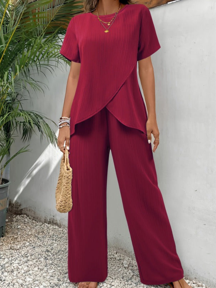 Emilee - Conjunto elegante de camiseta y pantalones con textura plisa