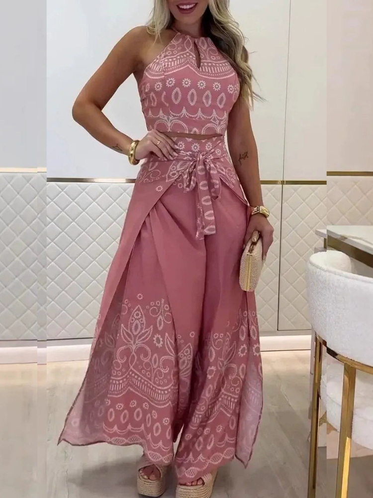 Darlynn  - Conjunto elegante de top corto sin espalda con estampado y pantalones anchos