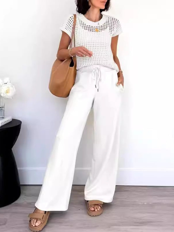 Delphine - Top de punto abierto de estilo casual y pantalón de pata ancha