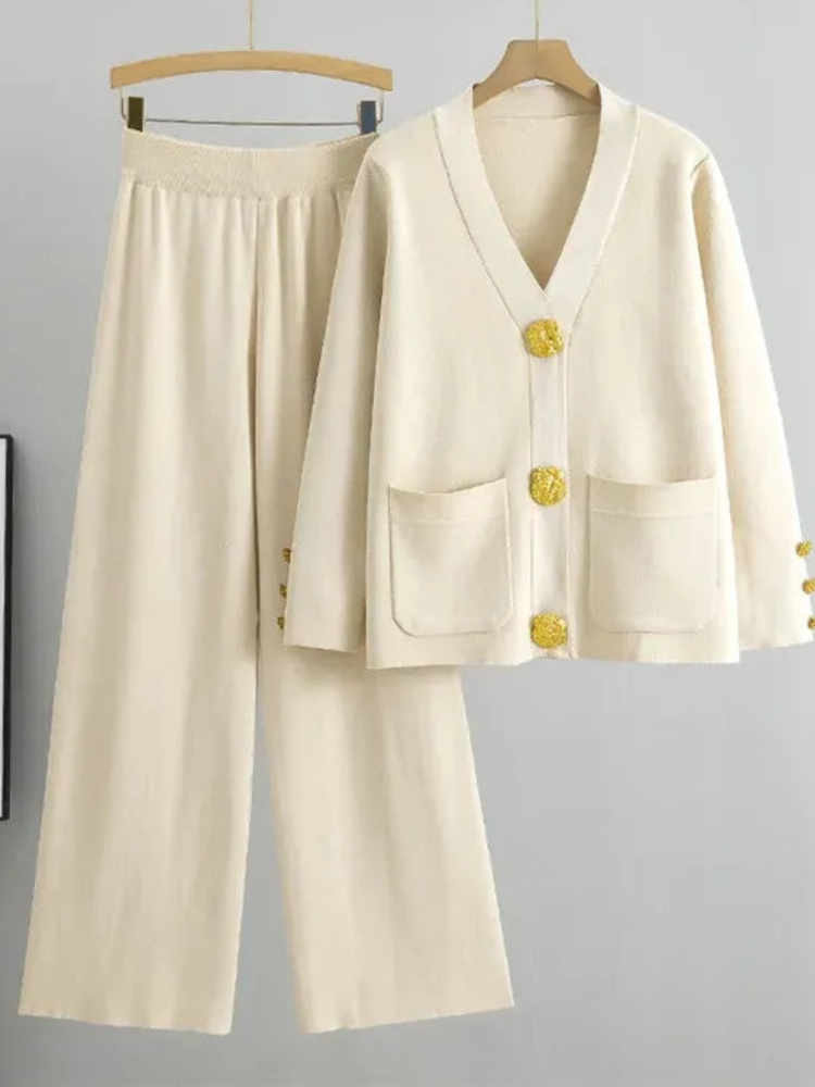 Rika - Elegante conjunto de cárdigan de punto con cuello en V y pantalones