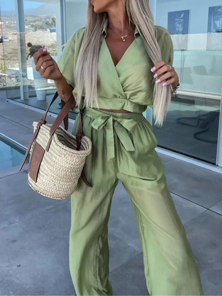 Chesca - Elegante conjunto de top y pantalón con cuello en V
