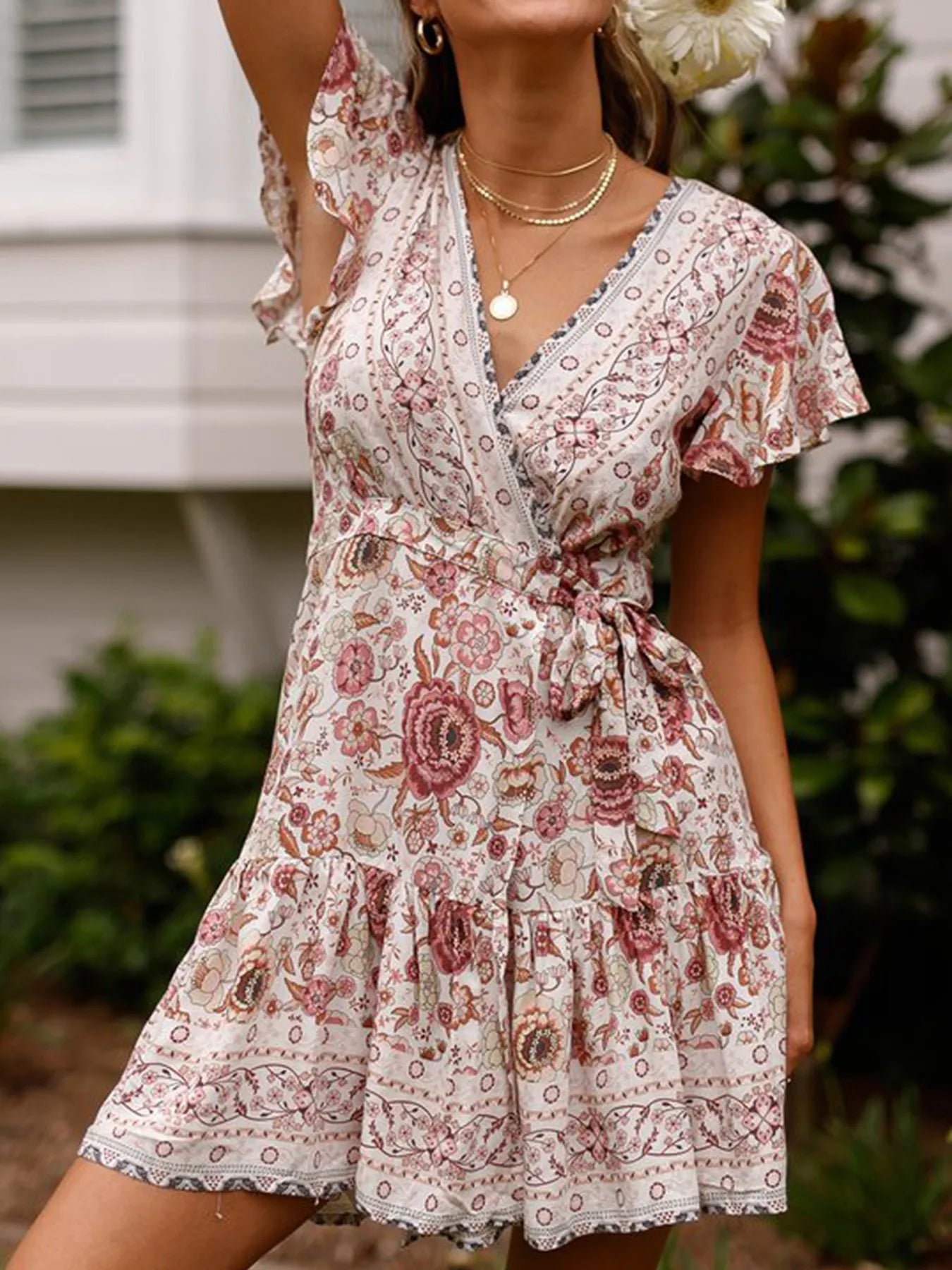 Heidilyn - Minivestido informal con mangas acampanadas y estampado floral