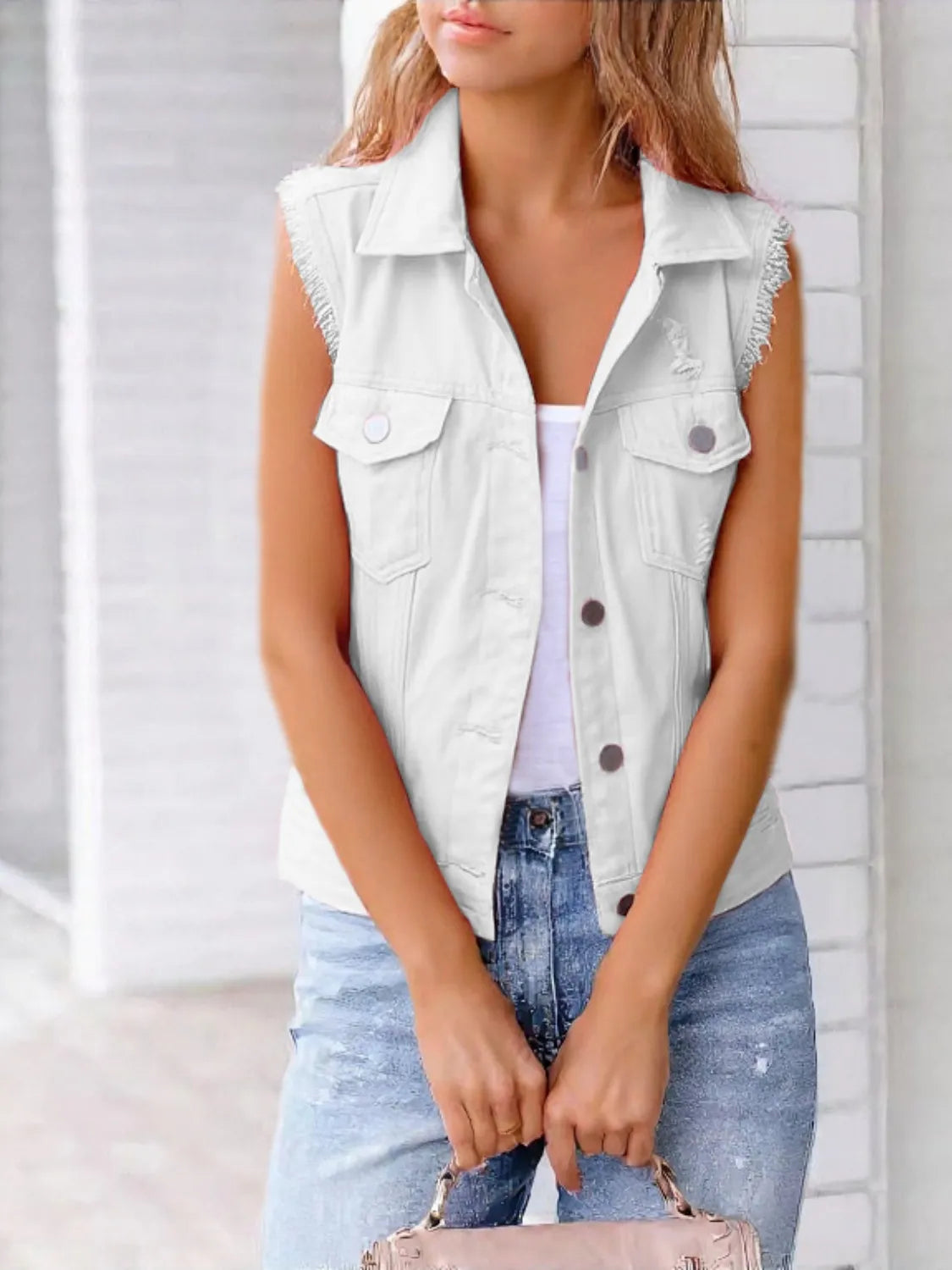Danica - Elegante chaleco vaquero deshilachado sin mangas